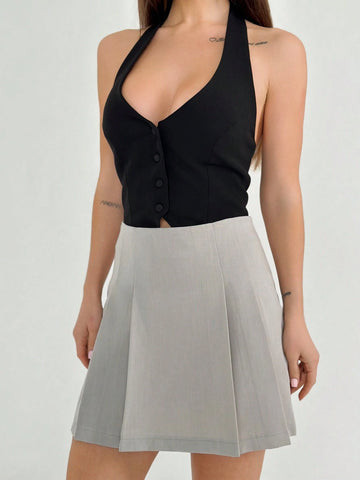 Aloruh Women Grey Mini Simple Streetwear Skirt With Regular Pleating