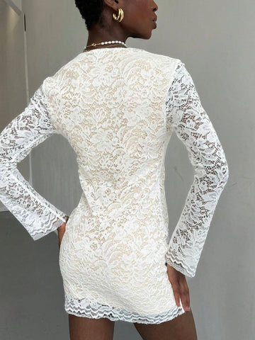 Women Lace Low Front Metal Decor Mini Elegant Party Wedding Dress