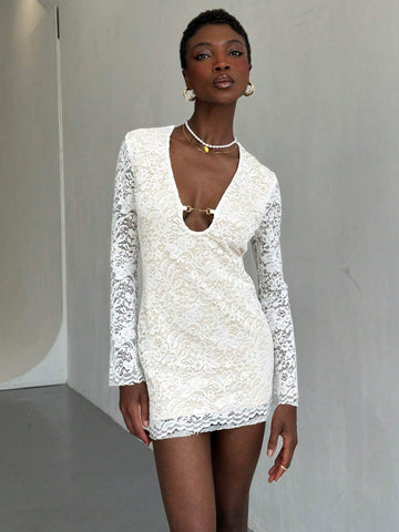 Women Lace Low Front Metal Decor Mini Elegant Party Wedding Dress