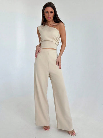 Women One-Shoulder Pleated Top With Tied Straps And High-Waisted Pocketed Long Pants Simple Two-Piece Outfit For Going Out