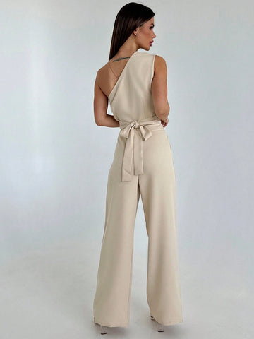 Women One-Shoulder Pleated Top With Tied Straps And High-Waisted Pocketed Long Pants Simple Two-Piece Outfit For Going Out