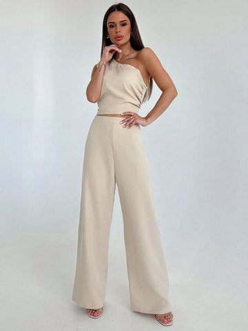 Women One-Shoulder Pleated Top With Tied Straps And High-Waisted Pocketed Long Pants Simple Two-Piece Outfit For Going Out