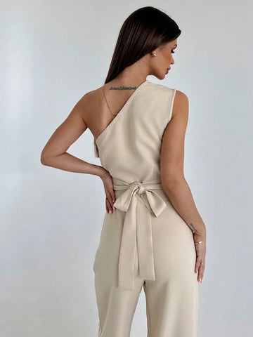 Women One-Shoulder Pleated Top With Tied Straps And High-Waisted Pocketed Long Pants Simple Two-Piece Outfit For Going Out