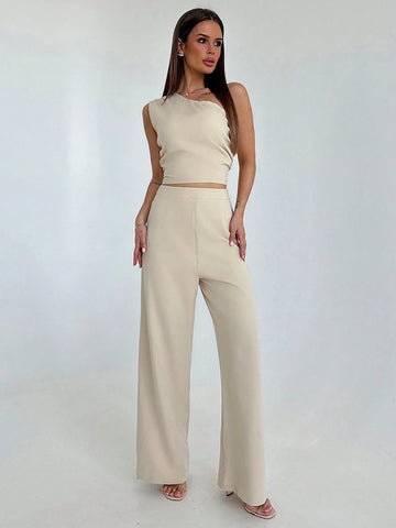 Women One-Shoulder Pleated Top With Tied Straps And High-Waisted Pocketed Long Pants Simple Two-Piece Outfit For Going Out
