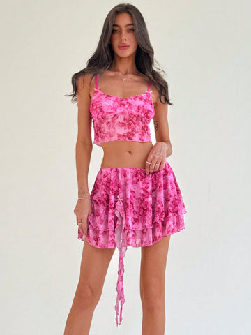 Women Spaghetti Strap Tank Top + Low-Waist Mini Skirt With Fringe And Tie-Dye Design, Romantic Outfit For Streets