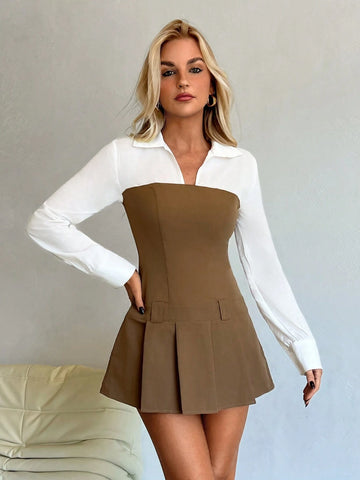 Women's Color Block Patchwork Chiffon Mini Cinched Waist Long Sleeve Dress For Office Wear