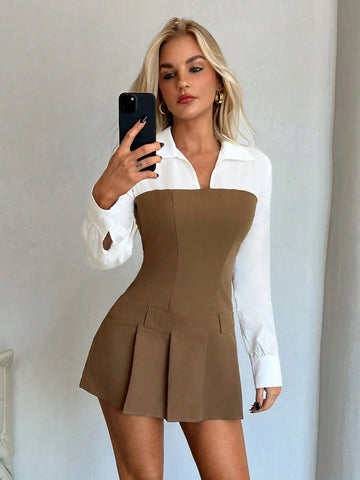Women's Color Block Patchwork Chiffon Mini Cinched Waist Long Sleeve Dress For Office Wear