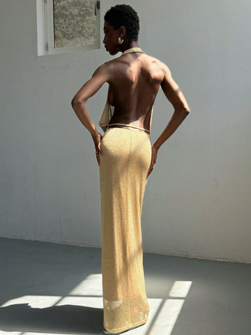 Women's Deep Draped Neck Backless Halter Dress Sleeveless Sexy Party Gown