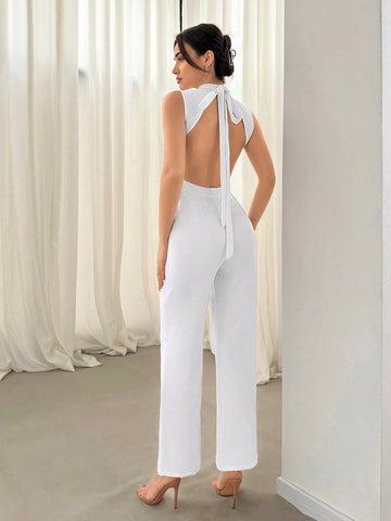 Women's Elegant Commuting Jumpsuit With Hollow Back Detail And Knotted Shirt Collar Design