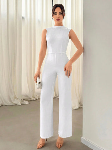 Women's Elegant Commuting Jumpsuit With Hollow Back Detail And Knotted Shirt Collar Design