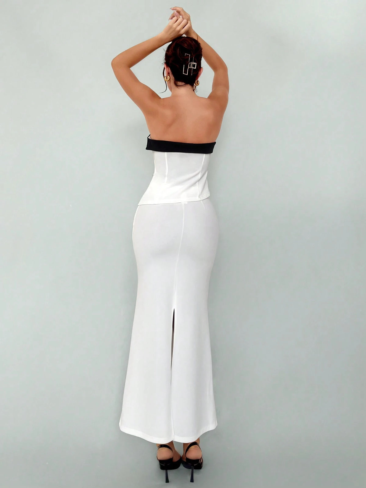 Women's Elegant New Autumn Winter Sexy Fashionable Office Wear Black And White Contrast Color Bustier Top And High Slit Bodycon Skirt Suit 2pcs/Set Women Skirt Set Women Suit Set Two Piece Fall Sets Outfit Sets Women Fall Sets