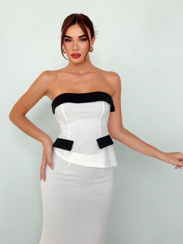 Women's Elegant New Autumn Winter Sexy Fashionable Office Wear Black And White Contrast Color Bustier Top And High Slit Bodycon Skirt Suit 2pcs/Set Women Skirt Set Women Suit Set Two Piece Fall Sets Outfit Sets Women Fall Sets