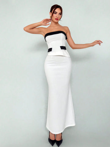 Women's Elegant New Autumn Winter Sexy Fashionable Office Wear Black And White Contrast Color Bustier Top And High Slit Bodycon Skirt Suit 2pcs/Set Women Skirt Set Women Suit Set Two Piece Fall Sets Outfit Sets Women Fall Sets