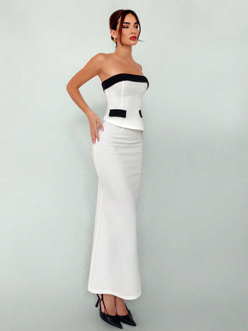 Women's Elegant New Autumn Winter Sexy Fashionable Office Wear Black And White Contrast Color Bustier Top And High Slit Bodycon Skirt Suit 2pcs/Set Women Skirt Set Women Suit Set Two Piece Fall Sets Outfit Sets Women Fall Sets