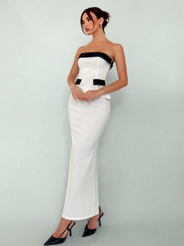 Women's Elegant New Autumn Winter Sexy Fashionable Office Wear Black And White Contrast Color Bustier Top And High Slit Bodycon Skirt Suit 2pcs/Set Women Skirt Set Women Suit Set Two Piece Fall Sets Outfit Sets Women Fall Sets