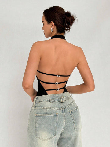 Women's Fashionable Elegant Deep V-Neck Halter Bodysuit