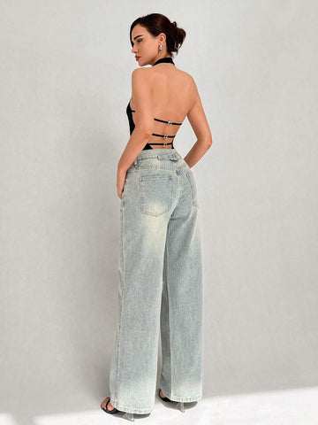 Women's Fashionable Elegant Deep V-Neck Halter Bodysuit