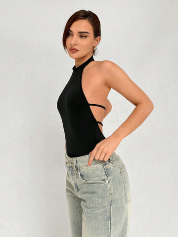 Women's Fashionable Elegant Deep V-Neck Halter Bodysuit