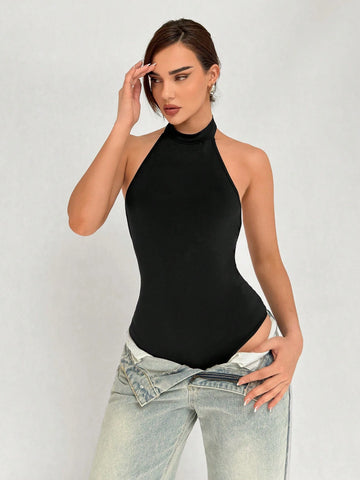 Women's Fashionable Elegant Deep V-Neck Halter Bodysuit