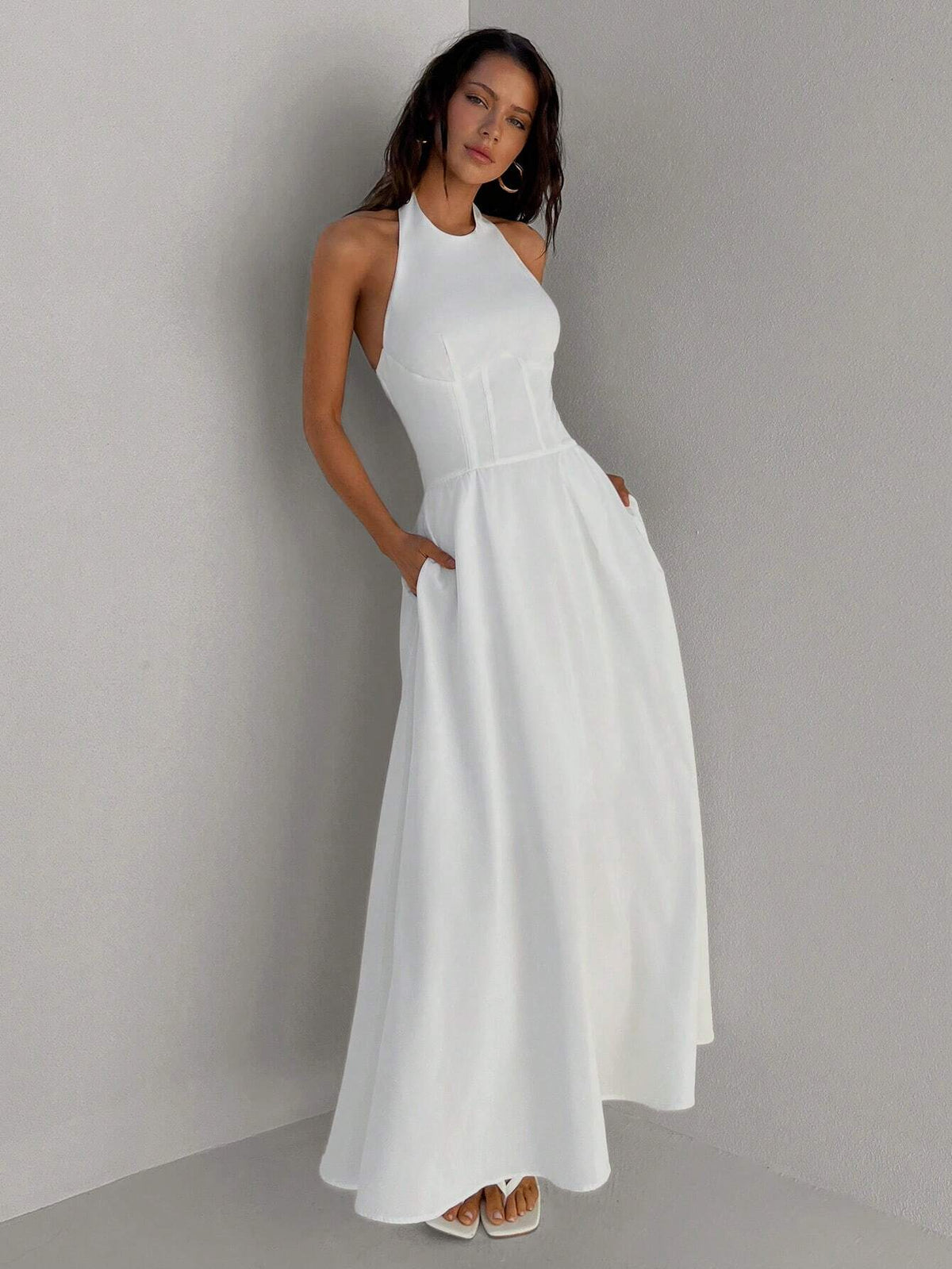 Women's Fishbone Ribbons Around Neck A-Line White Bodycon Dress For Holiday And Daily Wear