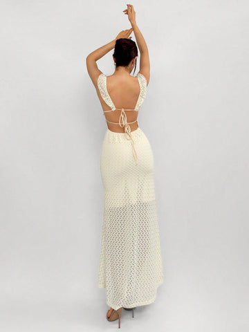 Women's Holiday Style Sleeveless Backless Bodycon Knitted Dress With Cup-Shaped Bra, Fish Tail