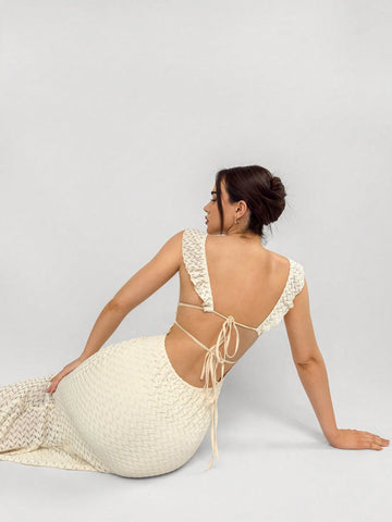 Women's Holiday Style Sleeveless Backless Bodycon Knitted Dress With Cup-Shaped Bra, Fish Tail