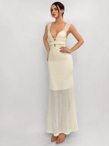 Women's Holiday Style Sleeveless Backless Bodycon Knitted Dress With Cup-Shaped Bra, Fish Tail