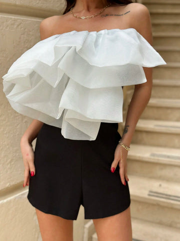 Women's Music Festival Elegant Romper With Exaggerated Contrast Trim And Ruffle Hem For Streetwear, Vacation And Date