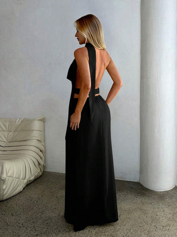 Women's New Autumn/Winter Satin Bow Tie Halter Tank Top & Mini Skirt 2-Piece Set