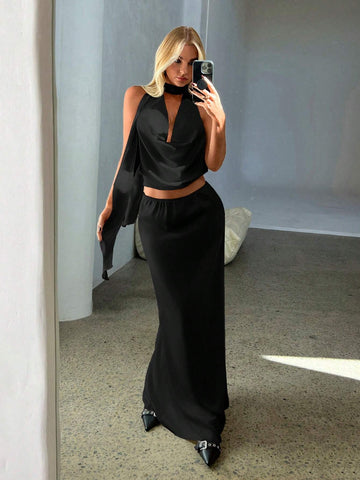 Women's New Autumn/Winter Satin Bow Tie Halter Tank Top & Mini Skirt 2-Piece Set