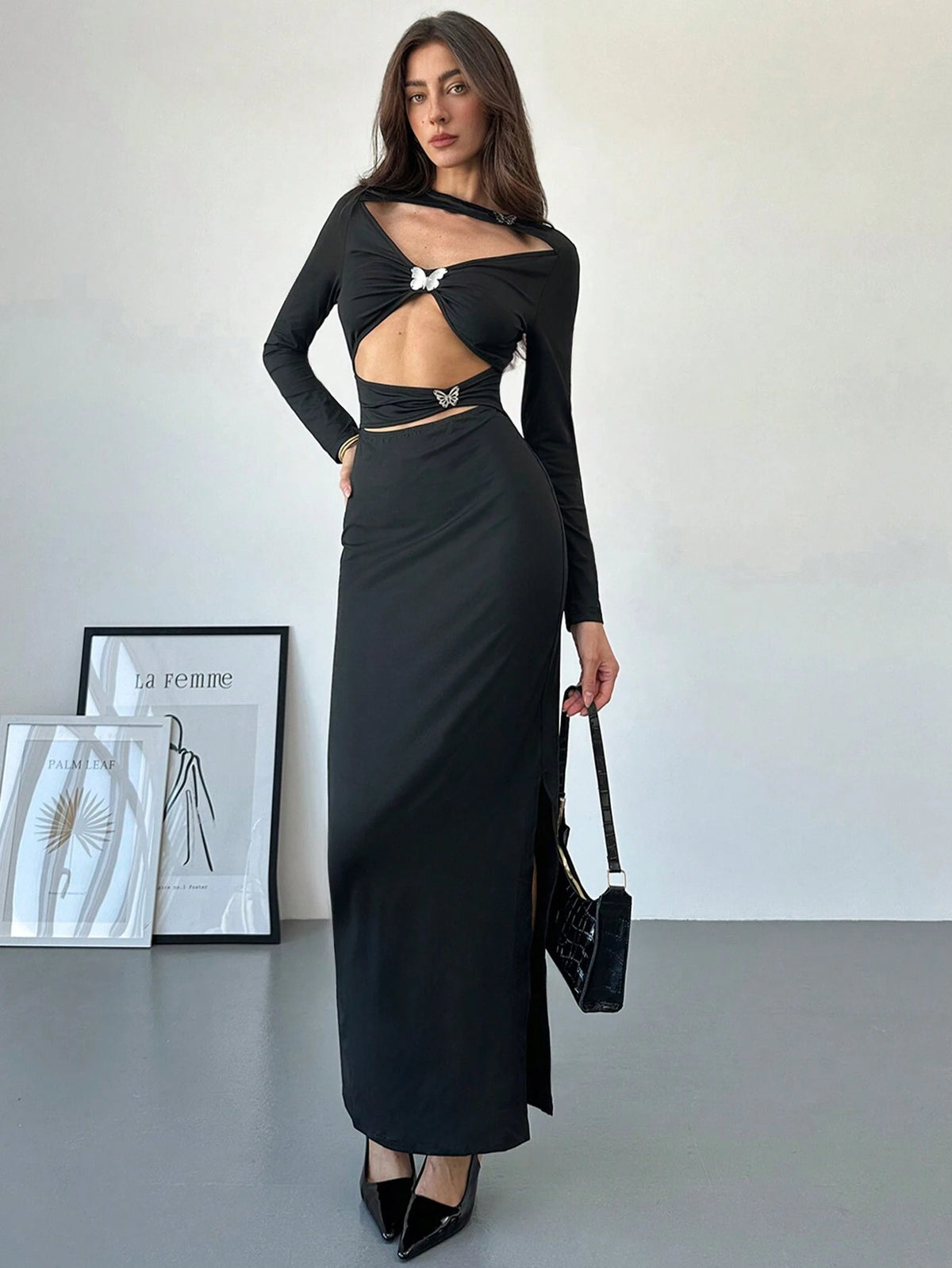 Women's New Metallic Bow Tie Accent Cutout Bodycon Mini Dress