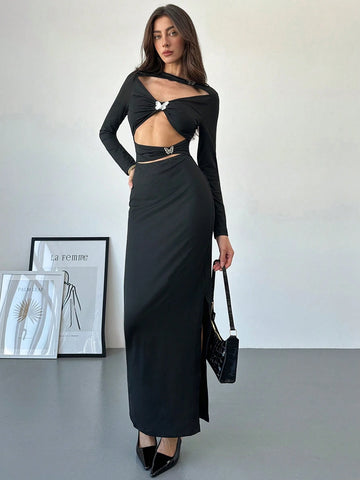 Women's New Metallic Bow Tie Accent Cutout Bodycon Mini Dress