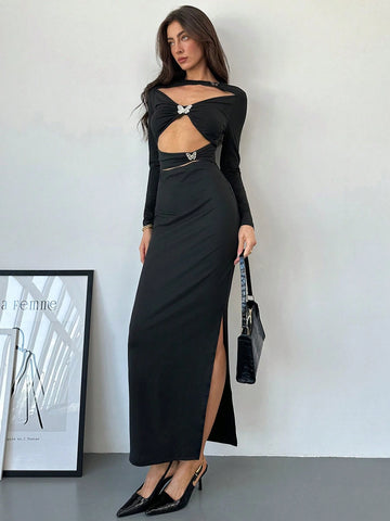 Women's New Metallic Bow Tie Accent Cutout Bodycon Mini Dress