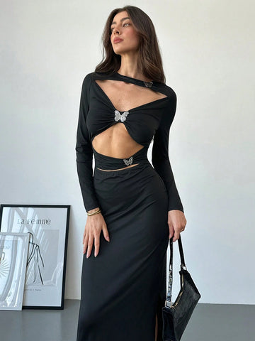 Women's New Metallic Bow Tie Accent Cutout Bodycon Mini Dress