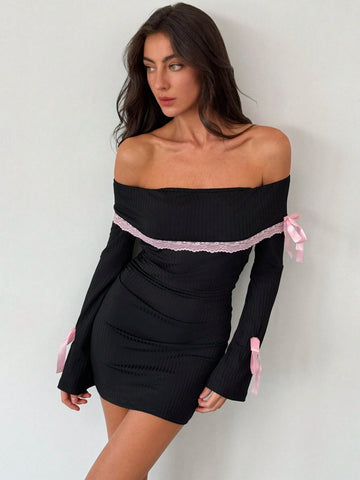 Women's Off-Shoulder Lace Trim Mini Pink Ribbon Dress