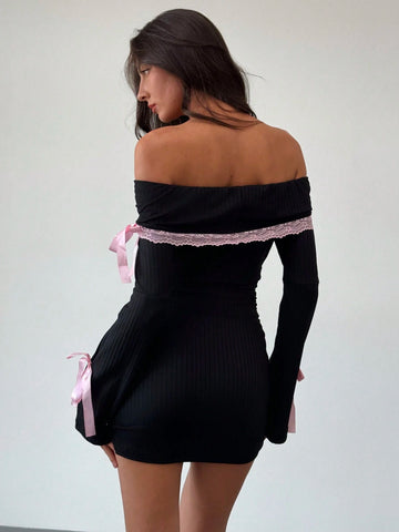 Women's Off-Shoulder Lace Trim Mini Pink Ribbon Dress
