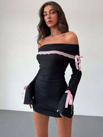Women's Off-Shoulder Lace Trim Mini Pink Ribbon Dress