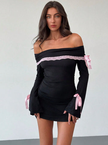 Women's Off-Shoulder Lace Trim Mini Pink Ribbon Dress