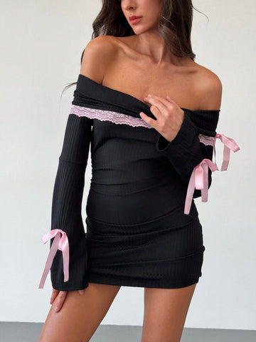 Women's Off-Shoulder Lace Trim Mini Pink Ribbon Dress