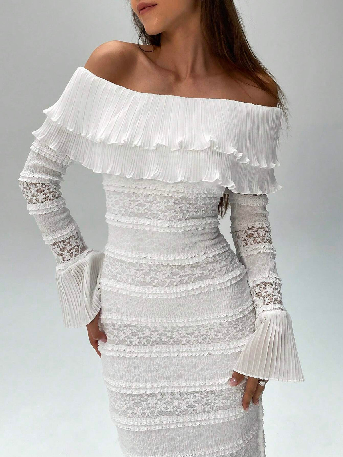 Women's Off Shoulder Long Sleeve Lace Trim Fitted Elegant Dress, Spring/Summer