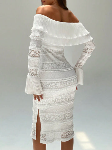 Women's Off Shoulder Long Sleeve Lace Trim Fitted Elegant Dress, Spring/Summer