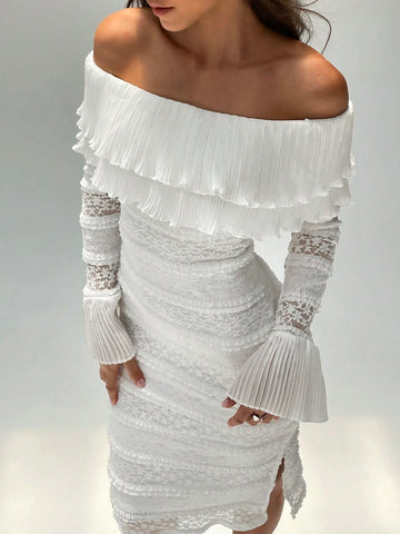 Women's Off Shoulder Long Sleeve Lace Trim Fitted Elegant Dress, Spring/Summer