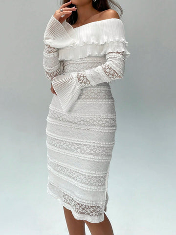 Women's Off Shoulder Long Sleeve Lace Trim Fitted Elegant Dress, Spring/Summer