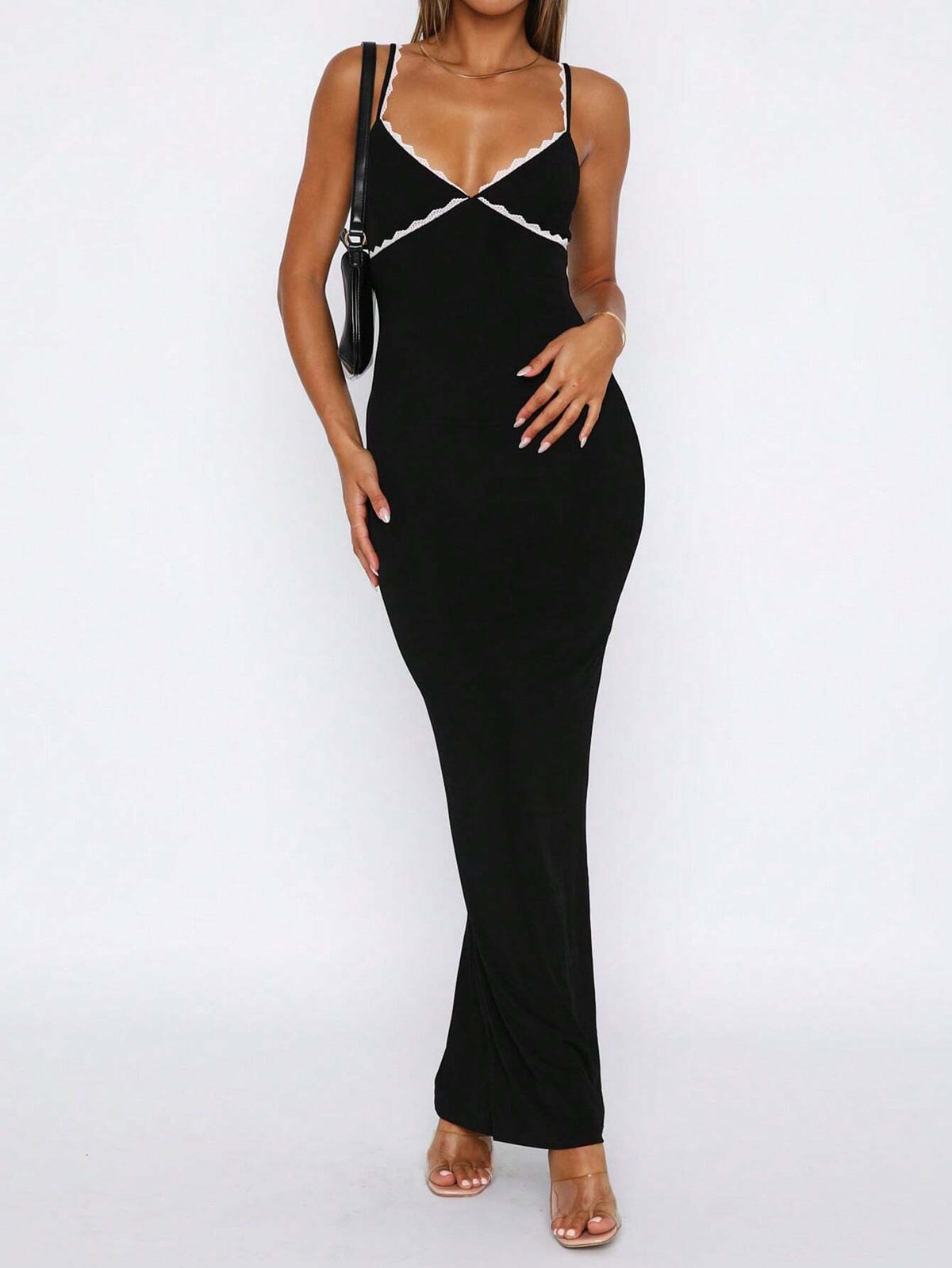 Women's Party Holiday Spring/Summer Contrast Trim Lace Cami V-Neck Bodycon Dress With Hig