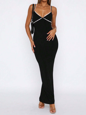 Women's Party Holiday Spring/Summer Contrast Trim Lace Cami V-Neck Bodycon Dress With Hig
