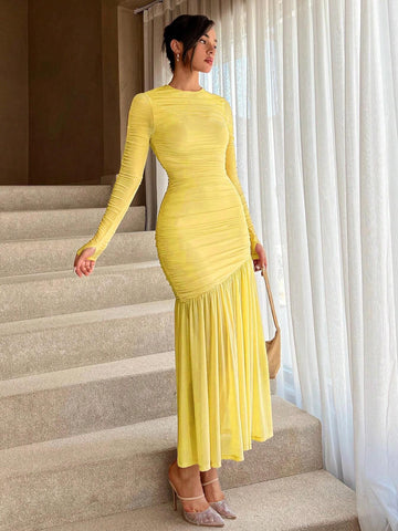 Women's Round Neck Pleated Ruffle Hem Long Sleeve Dress For Summer