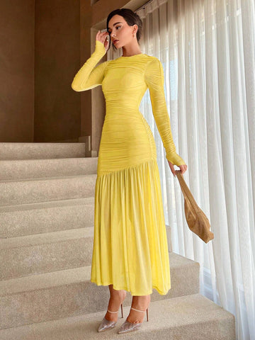 Women's Round Neck Pleated Ruffle Hem Long Sleeve Dress For Summer