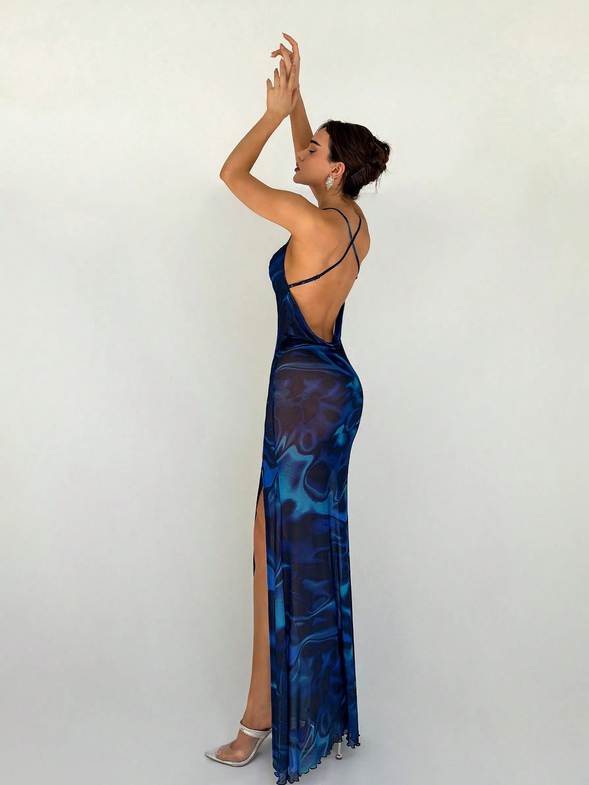 Women's Sexy Tie-Dye Printed Asymmetrical Draped Neck Sheer Mesh Slim Fit Dress With High Side