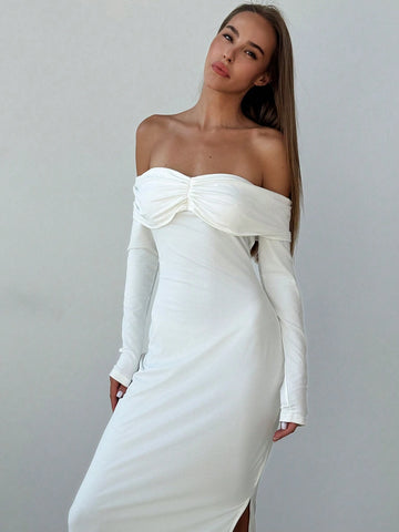 Women's Solid Color Pleated Off-Shoulder Long Sleeve High Slit Maxi Fitted Elegant Dress Formal