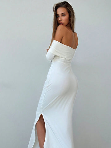 Women's Solid Color Pleated Off-Shoulder Long Sleeve High Slit Maxi Fitted Elegant Dress Formal